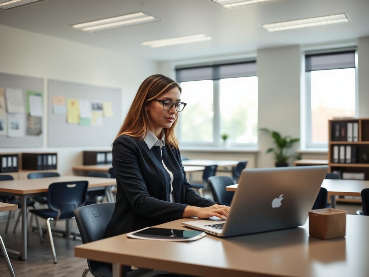 Skoleleder arbejder på en laptop på skolens kontor