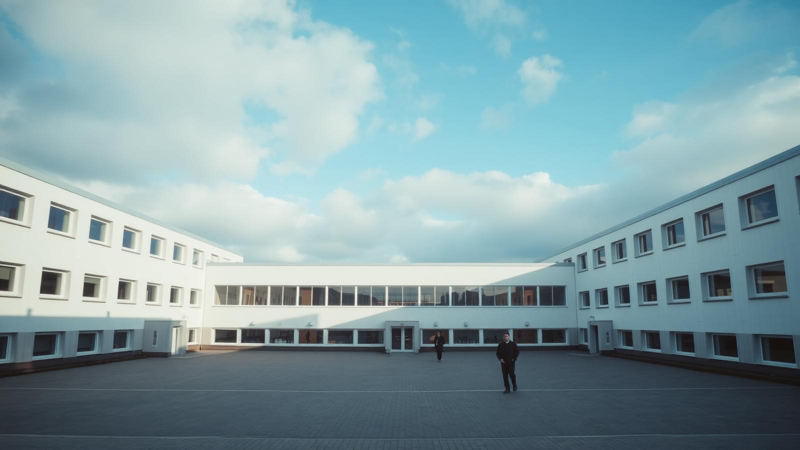 Skolegård ved en moderne skandinavisk skole i dagslys