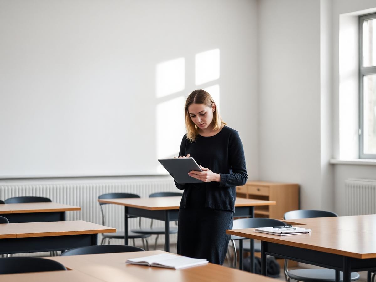 Lærer bruger en tablet i et lyst klasselokale